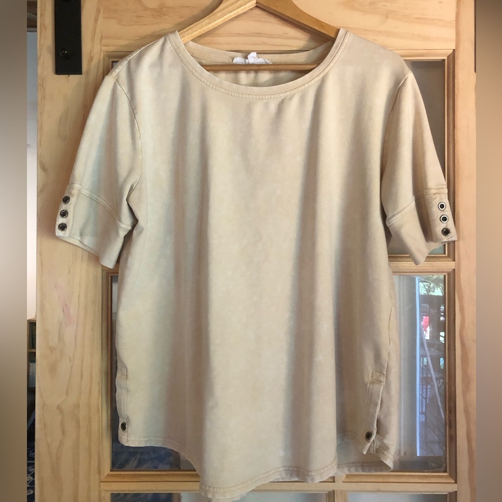 Beige Short Sleeve Top with Button Accents